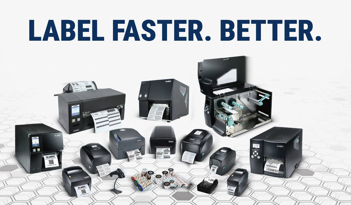 GoDEX label printers collection including desktop and industrial barcode printers with text Label Faster Better