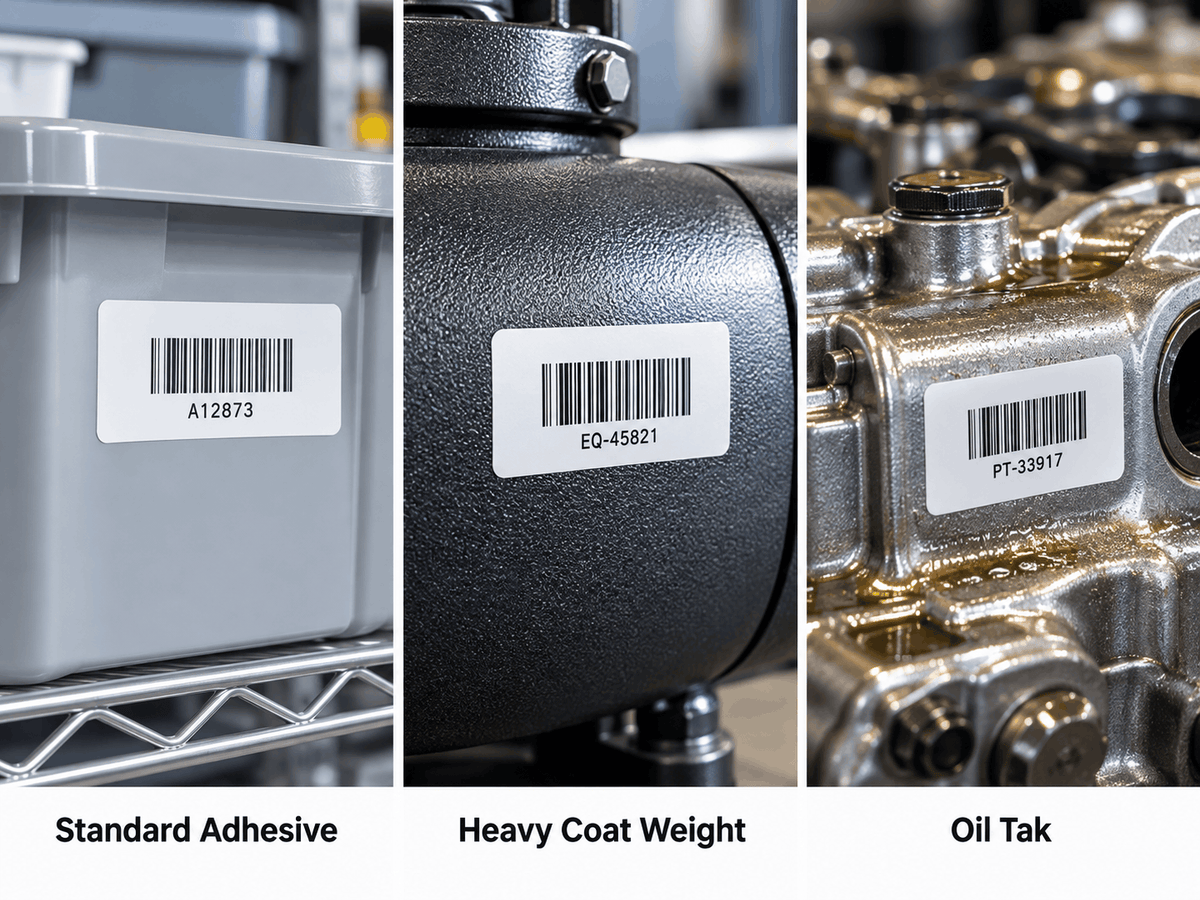Standard, heavy coat and oil tak adhesive polyester labels on different surfaces