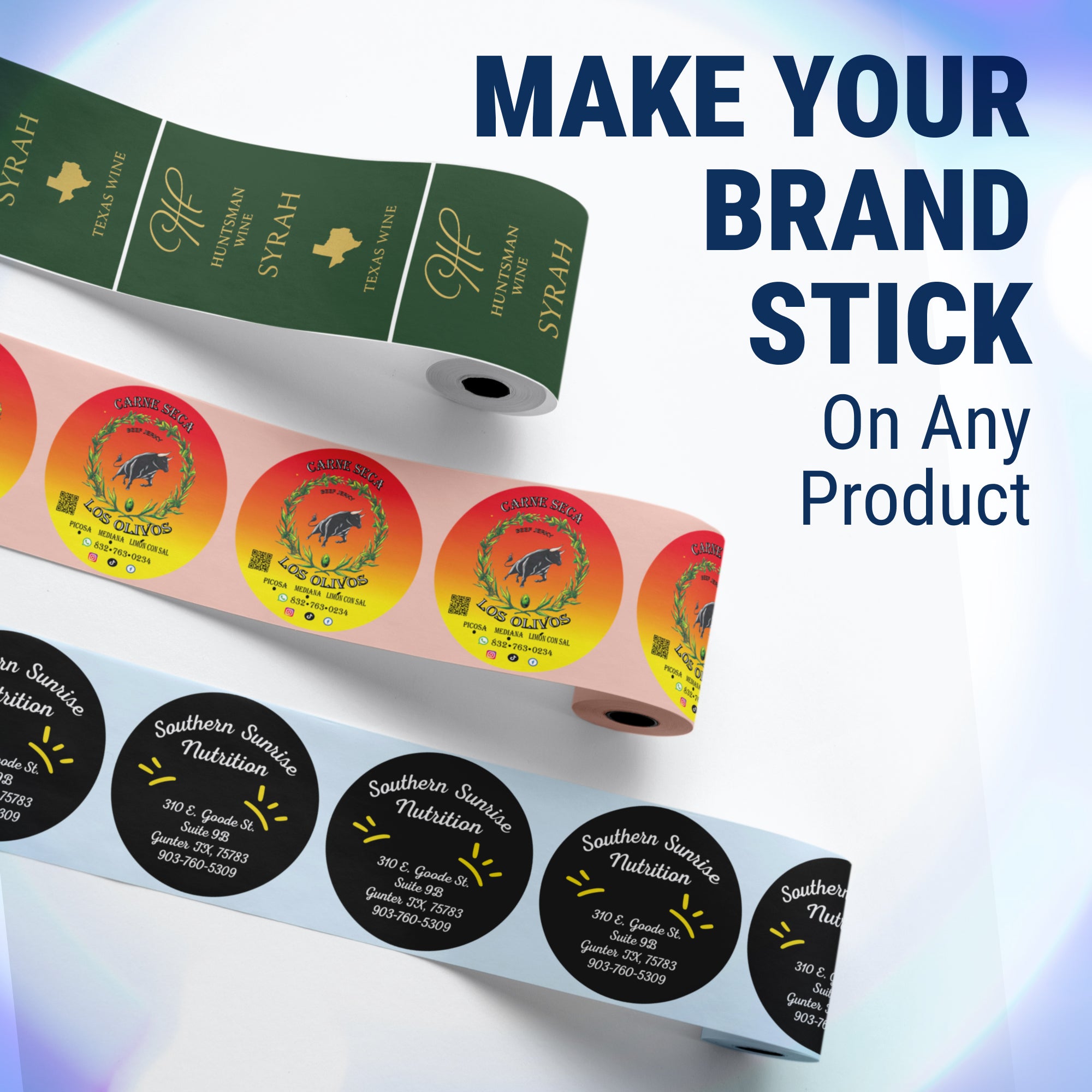 Waterproof custom stickers with logo shown on jars and bottles, perfect for product packaging.