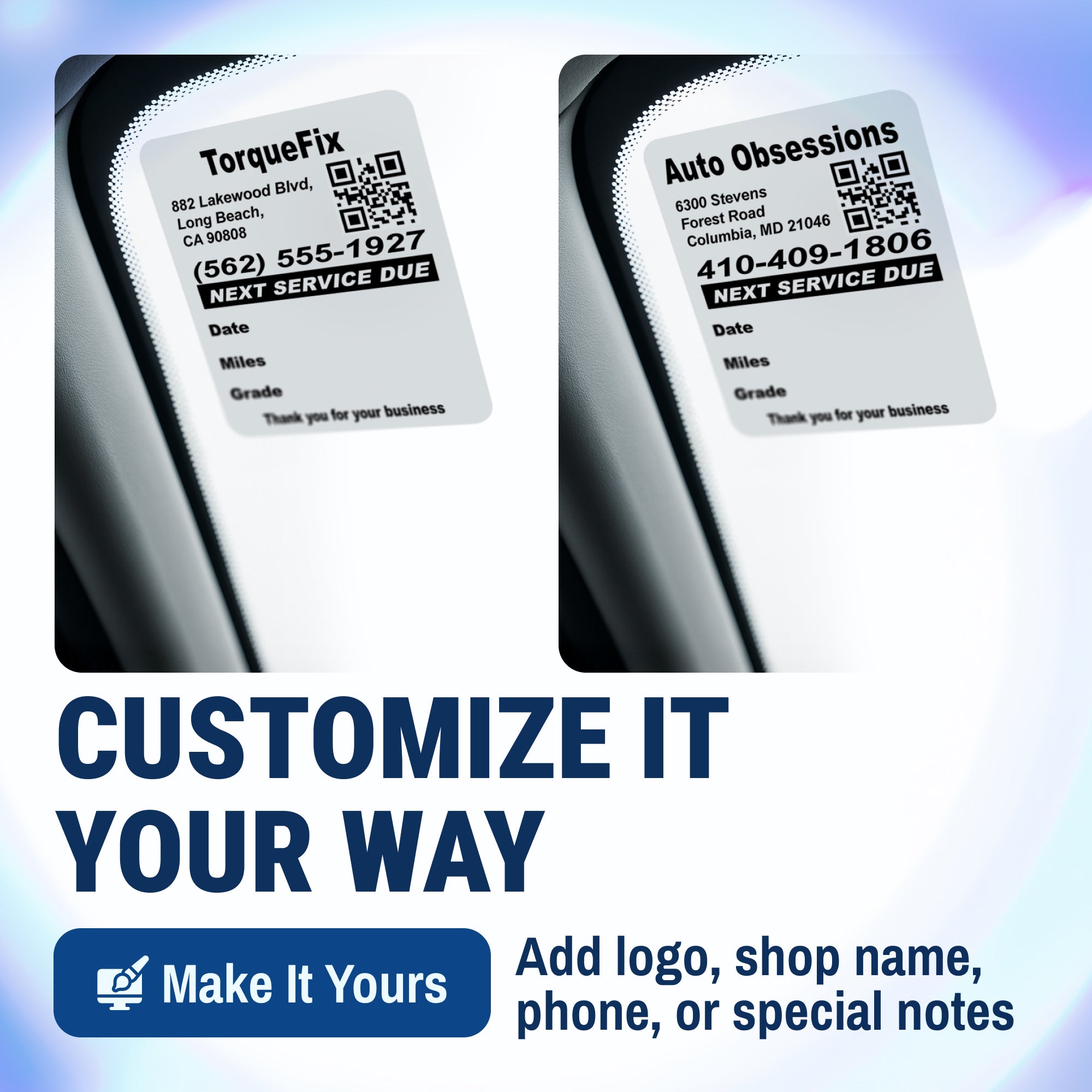 Custom QR Code Oil Change Stickers for Windshield with Text