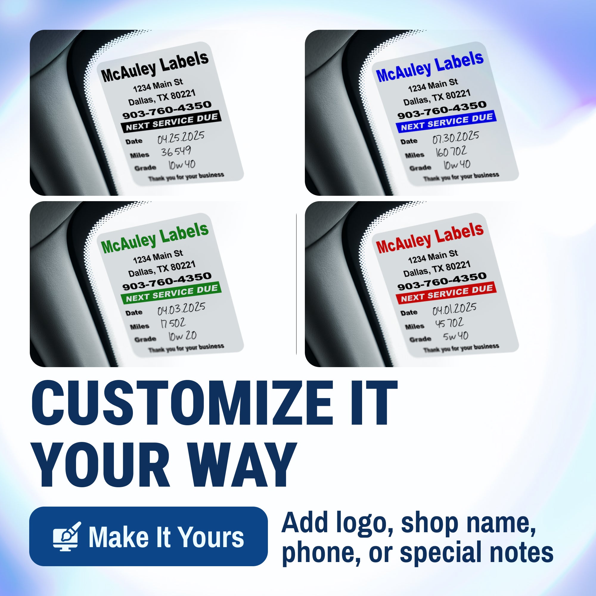 Custom Oil Change Stickers for Windshield with Text