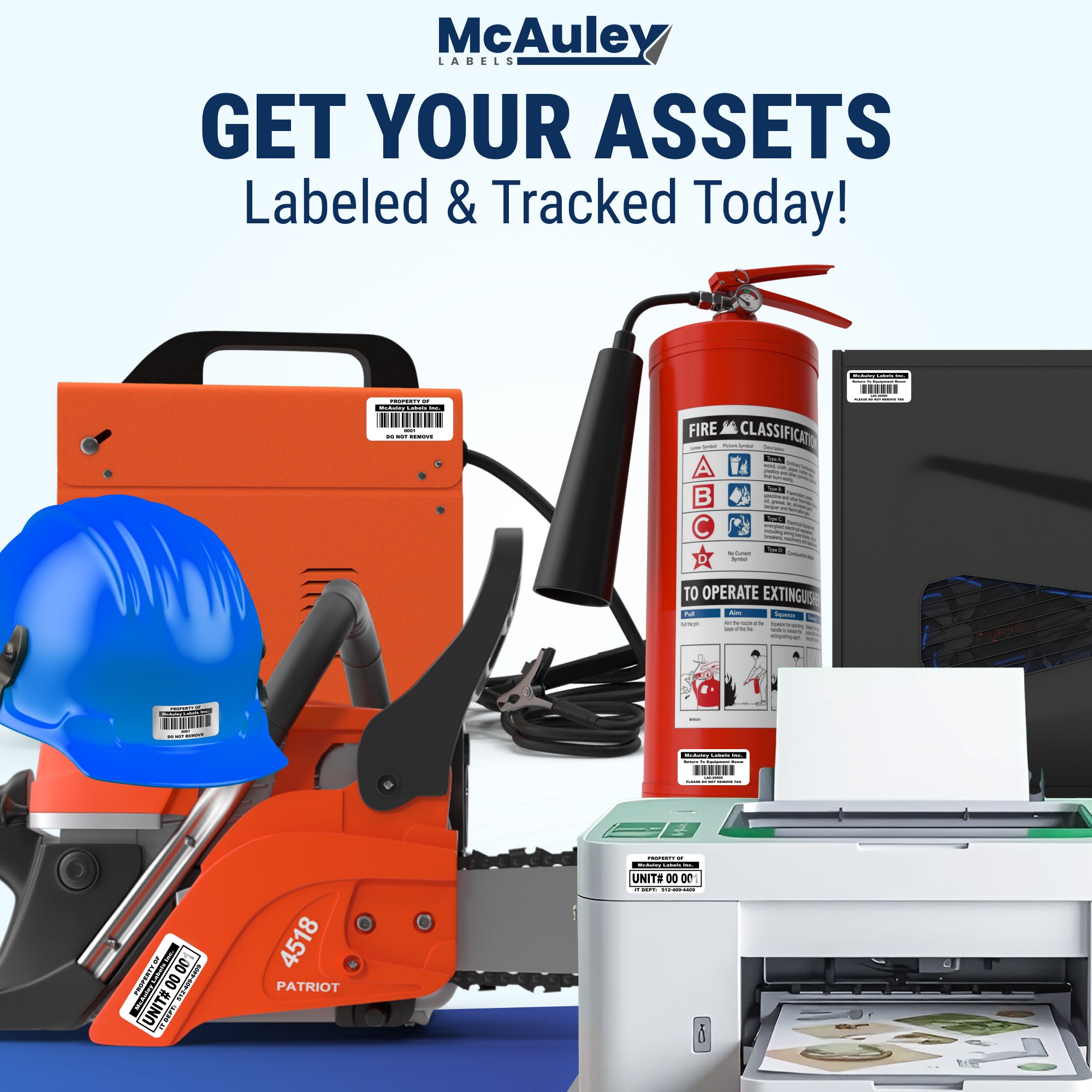 Custom Asset Tags for Equipment - Semi - Gloss White - Barcode