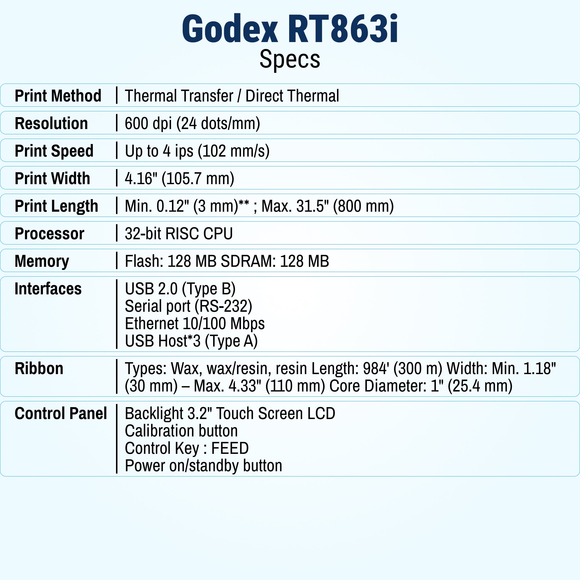 GoDEX RT863i+ Thermal Printer 4" 600 dpi