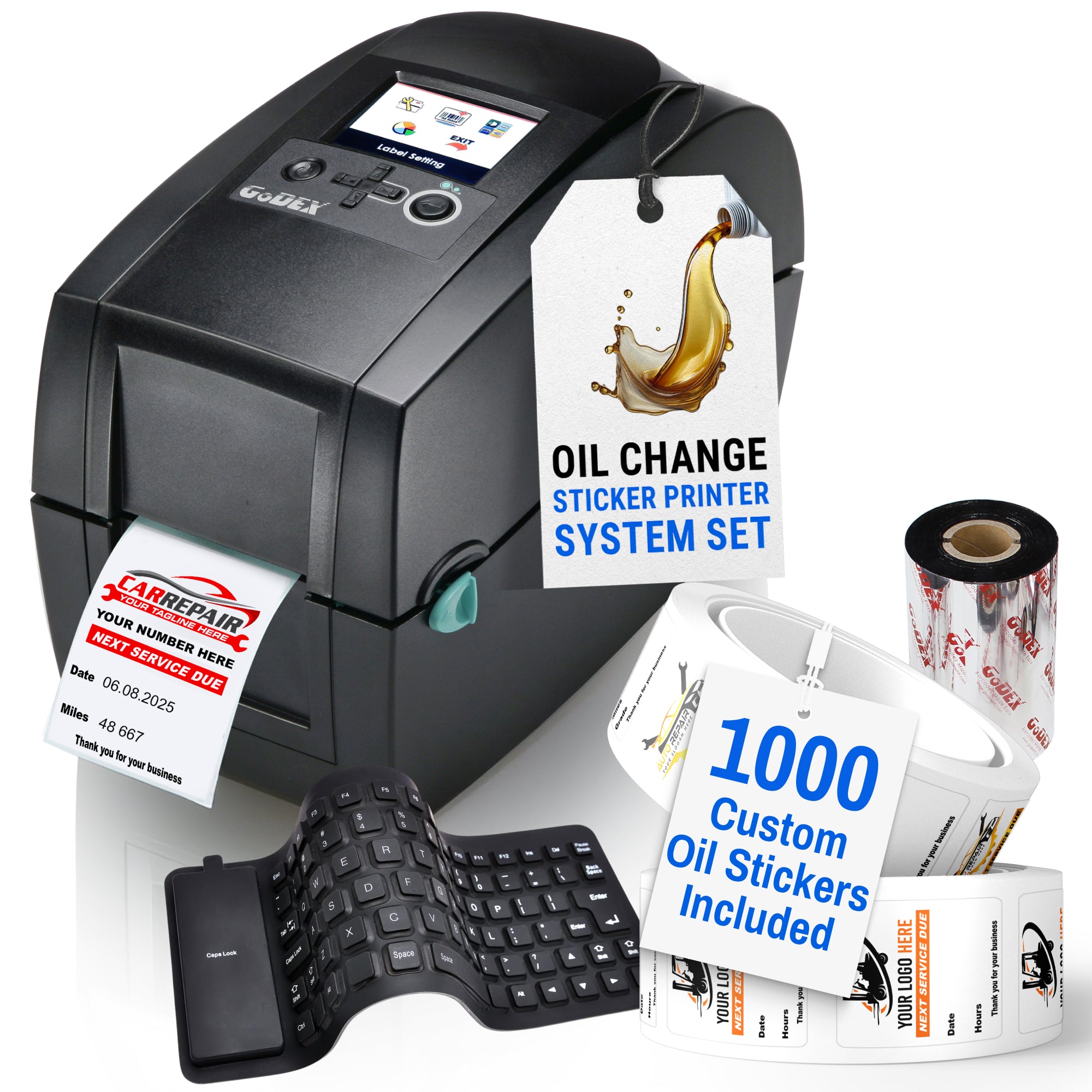 Oil Change Sticker Printer System ā Preloaded with 1000 Custom Labels, Ribbon & Standalone Keyboard