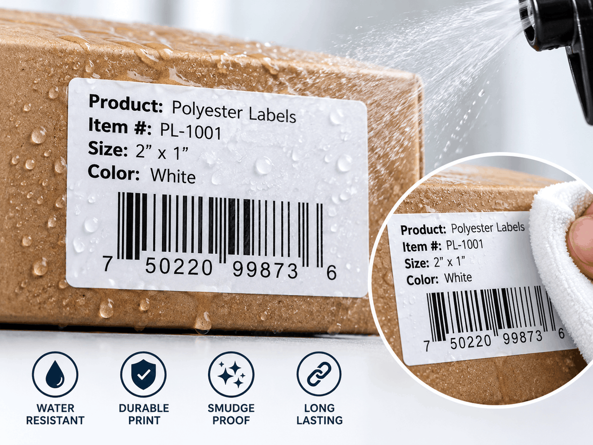 Waterproof glossy white polyester label printed with resin ribbon