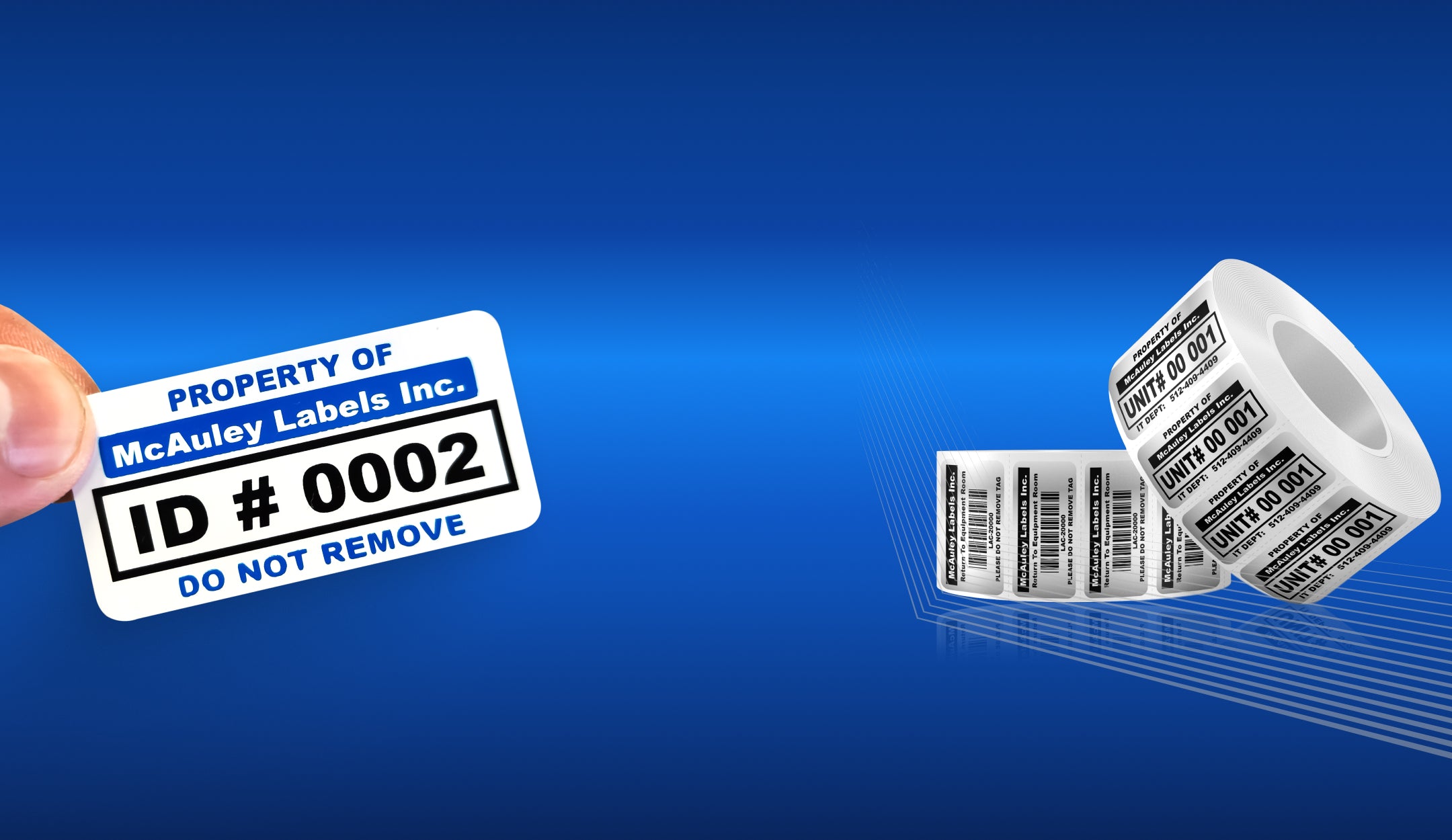 Custom asset tags with barcodes and serial numbers by McAuley Labels for equipment tracking and inventory management.