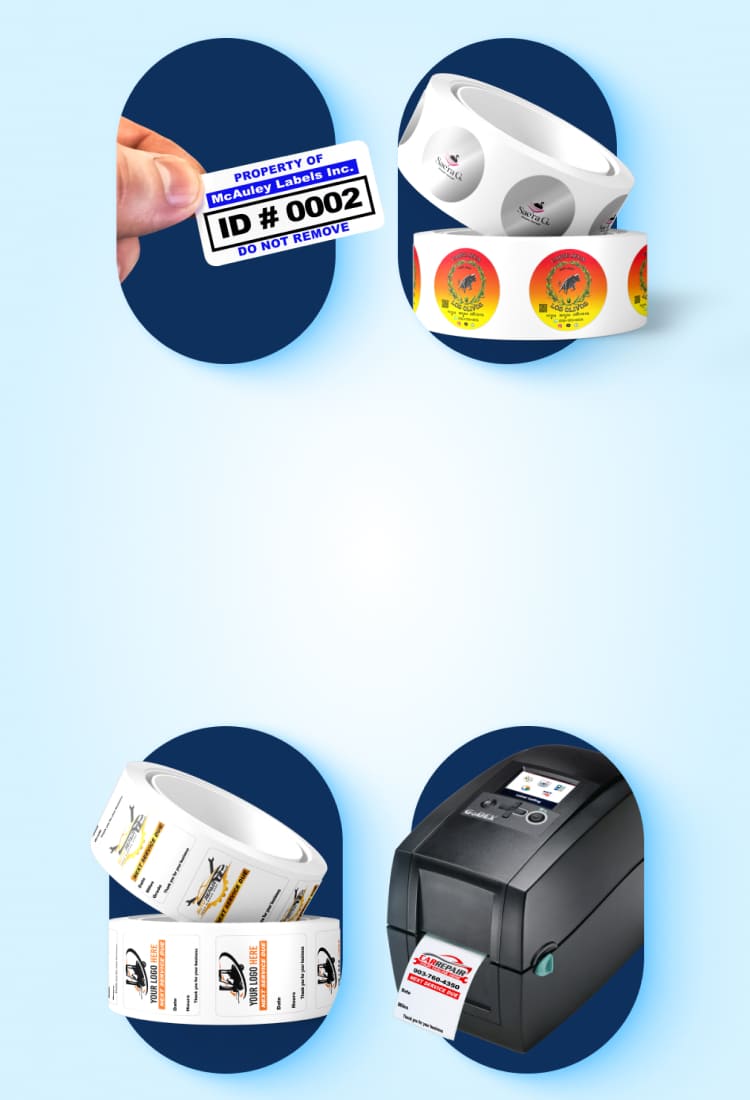 Custom printed labels, asset tags, oil change stickers, and label printers from McAuley Labels.