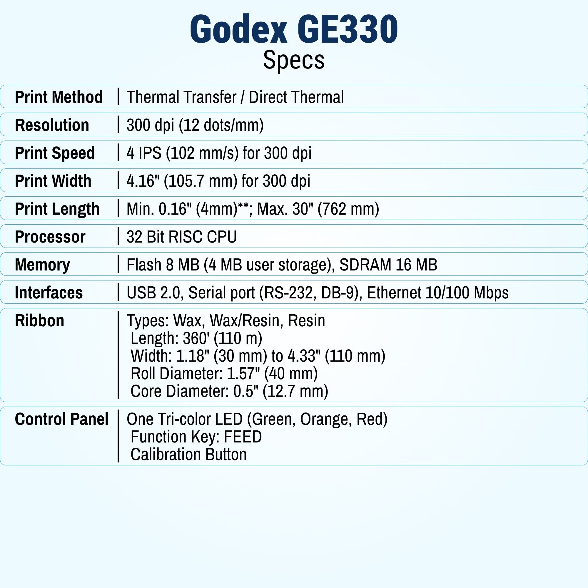 GoDEX GE330 Thermal Transfer Printer 4" 300 DPI Desktop Barcode Printer - Printer