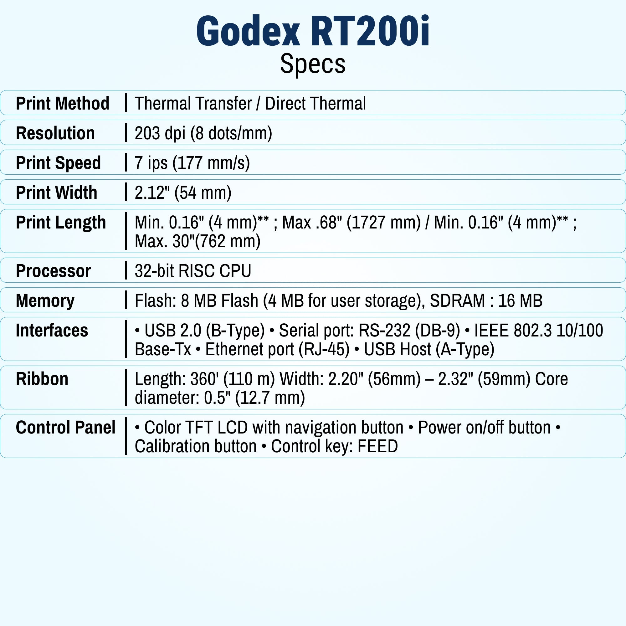 GoDEX RT200i Thermal Printer 203 Dpi - Thermal Transfer Printer