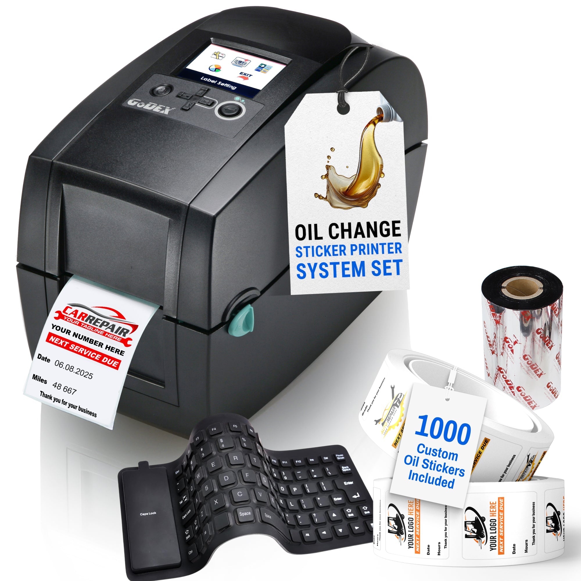 Oil Change Sticker Printer System – Preloaded with 1000 Custom Labels, Ribbon & Standalone Keyboard - Printer