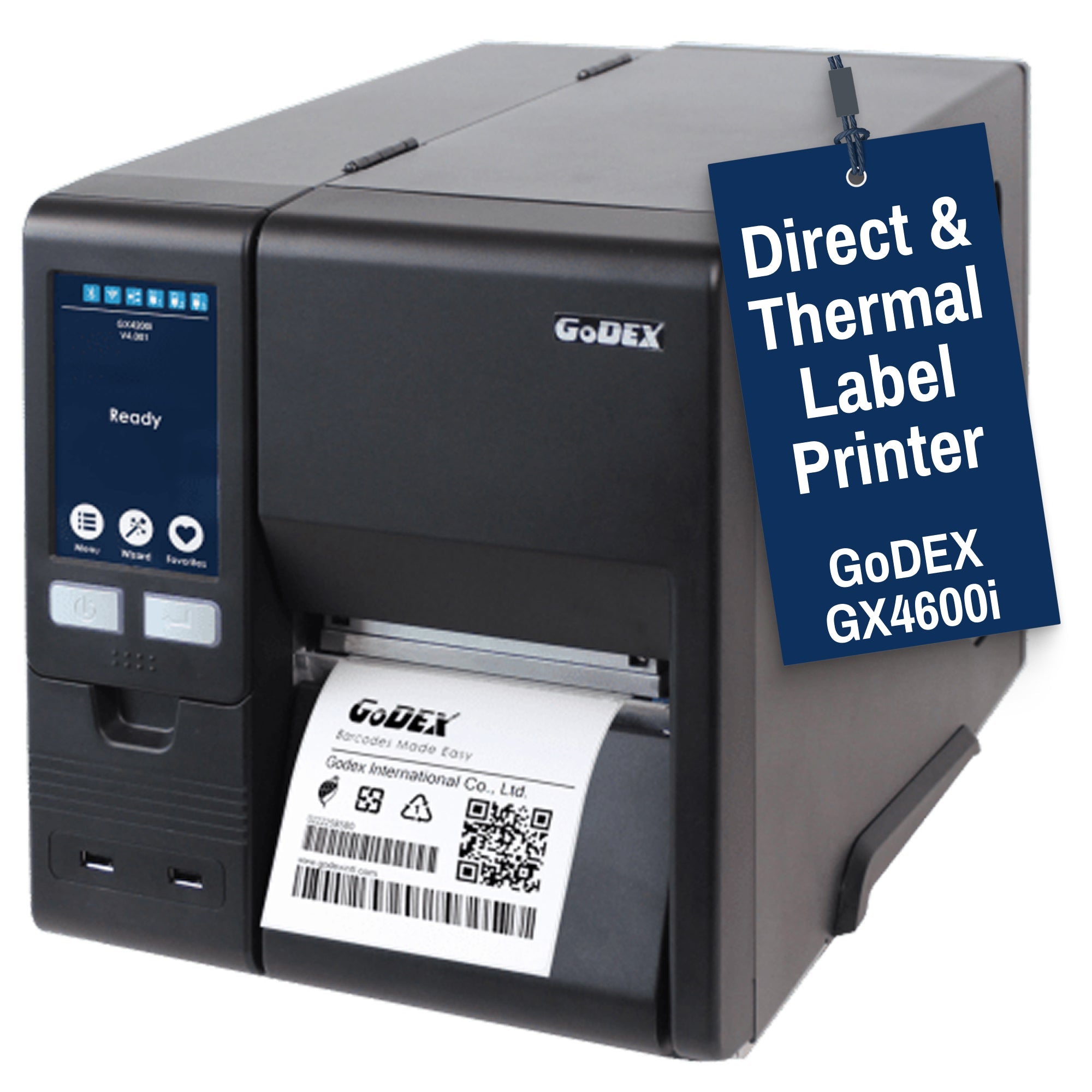 Thermal Transfer Printer - GoDEX GX4600i ā 4" 600 DPI Ultra - High - Resolution, Up to 8 ips, 5" Touchscreen, USB/Serial/Ethernet - Thermal Transfer Printer