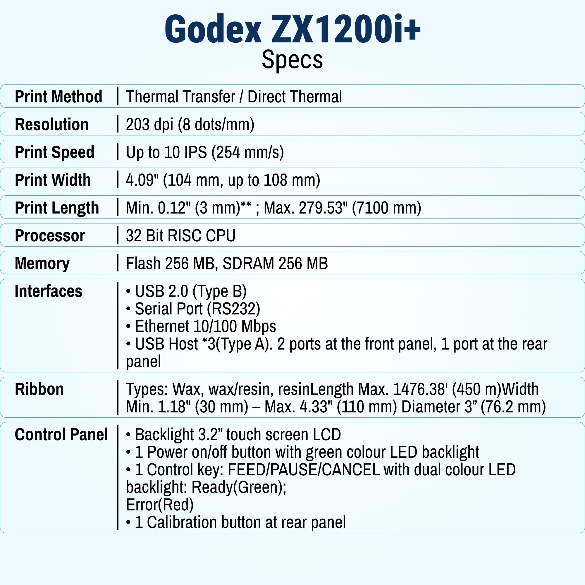 GoDEX ZX1200i+ Thermal Printer - 4" 203 DPI Industrial Labeling Solution - Printer