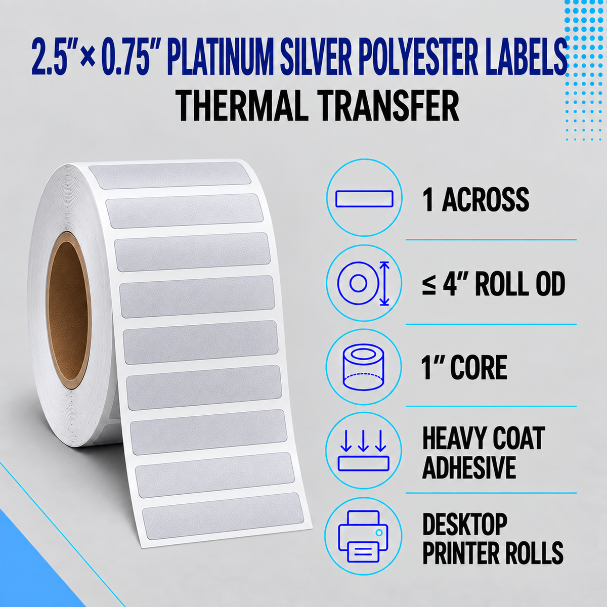 Thermal Transfer Labels Silver Polyester for Desktop and Industrial Printers