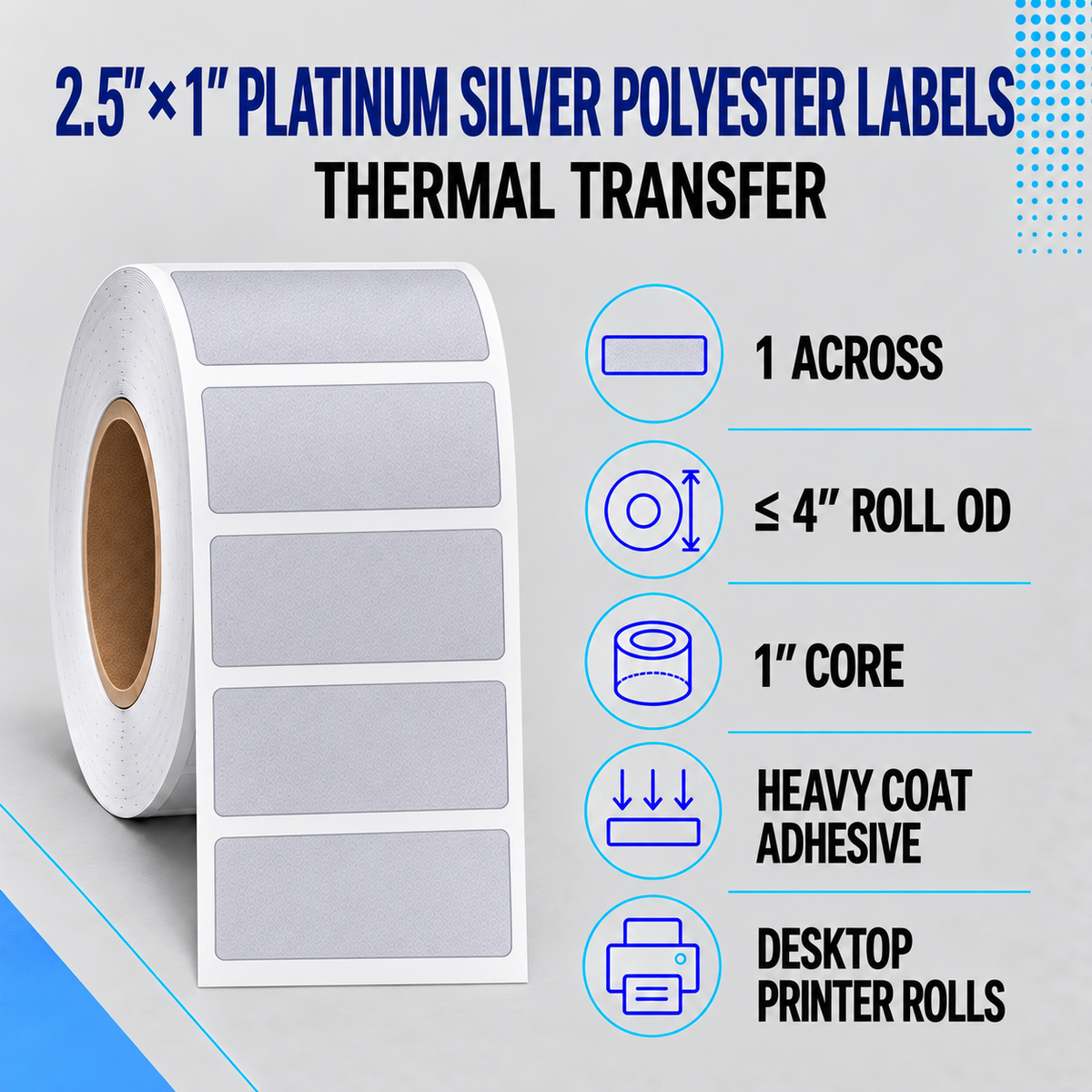 Thermal Transfer Labels Silver Polyester for Desktop and Industrial Printers