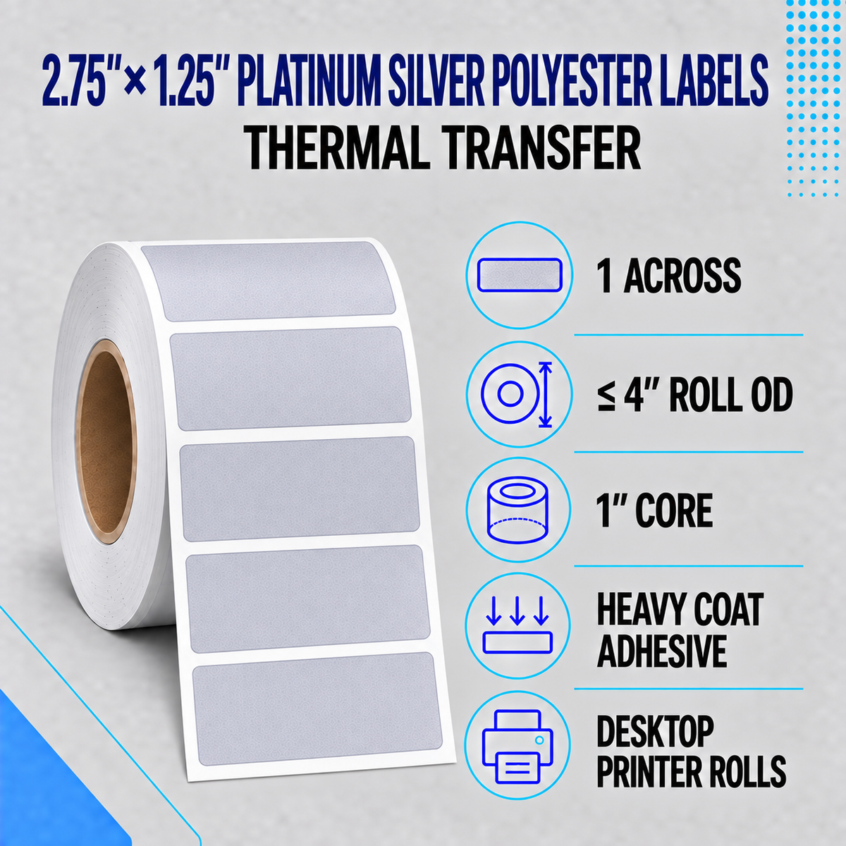 Thermal Transfer Labels Silver Polyester for Desktop and Industrial Printers
