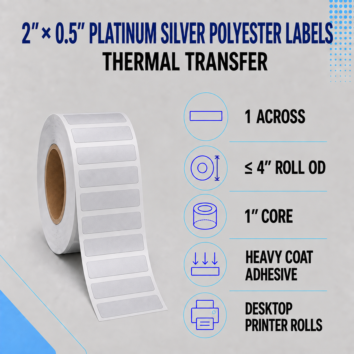 Thermal Transfer Labels Silver Polyester for Desktop and Industrial Printers
