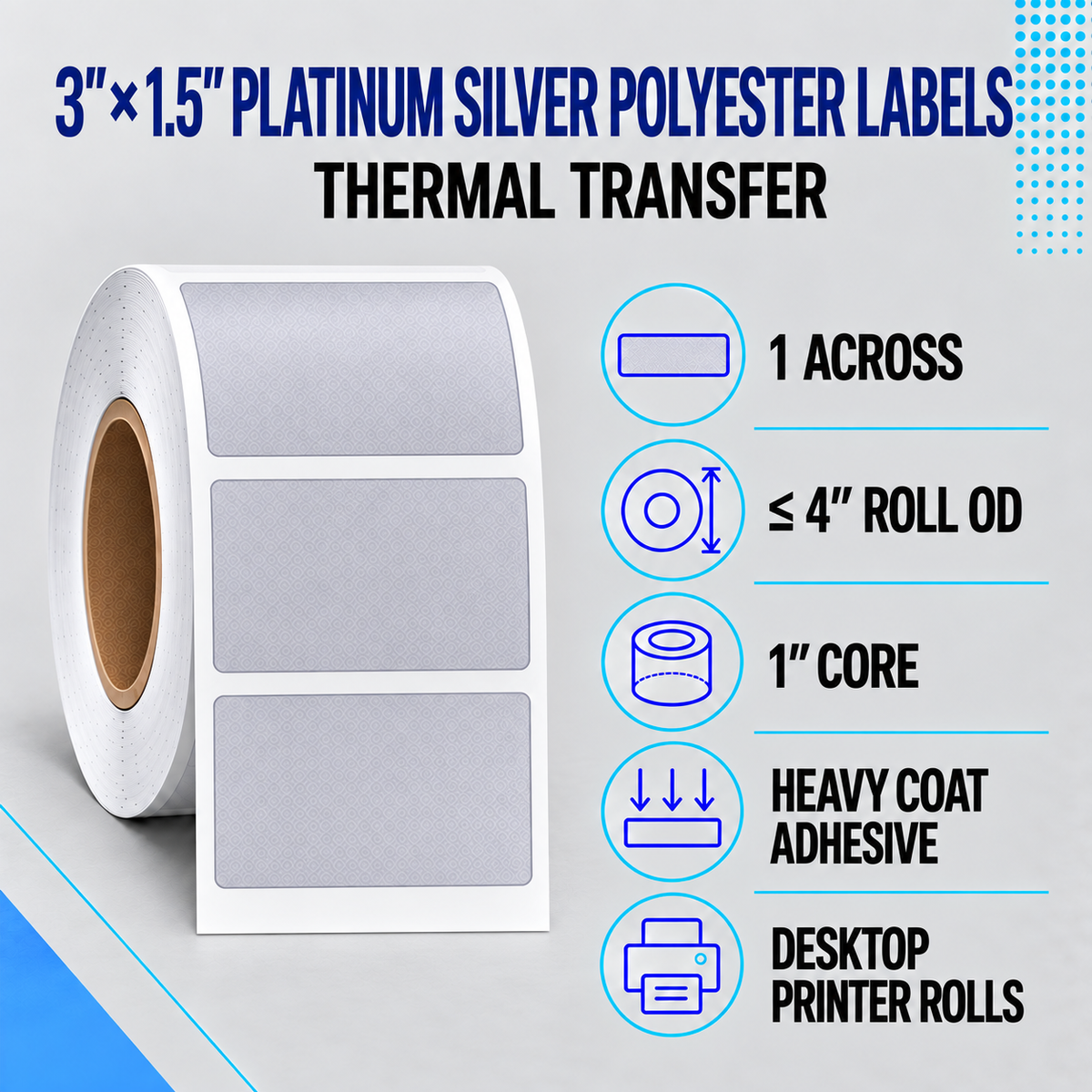 Thermal Transfer Labels Silver Polyester for Desktop and Industrial Printers