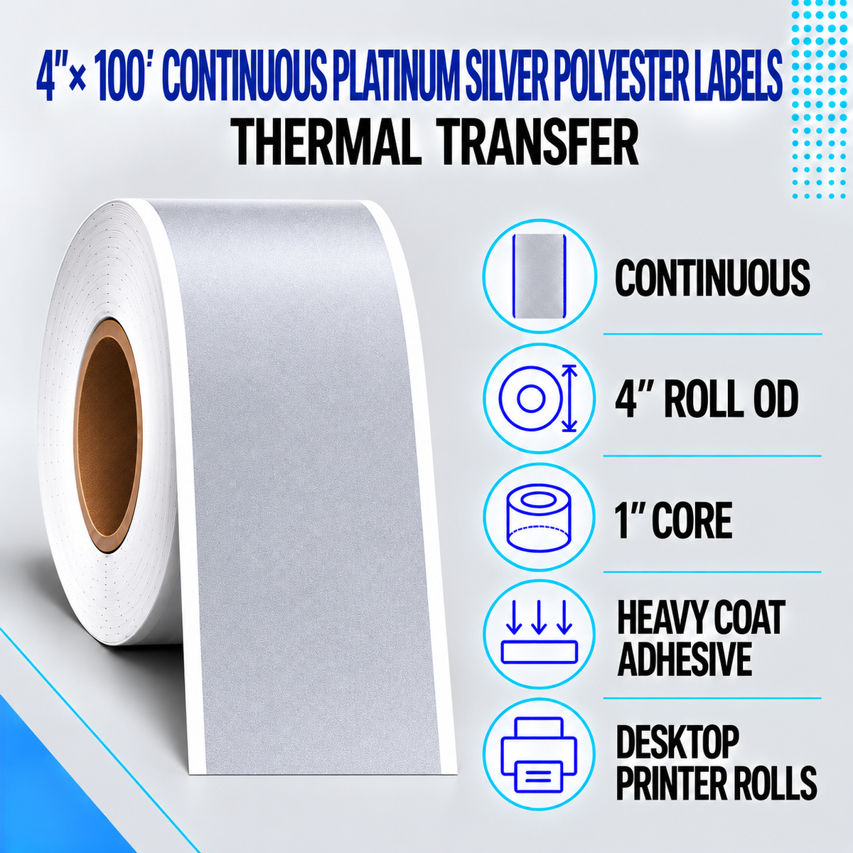 Thermal Transfer Labels Silver Polyester for Desktop and Industrial Printers