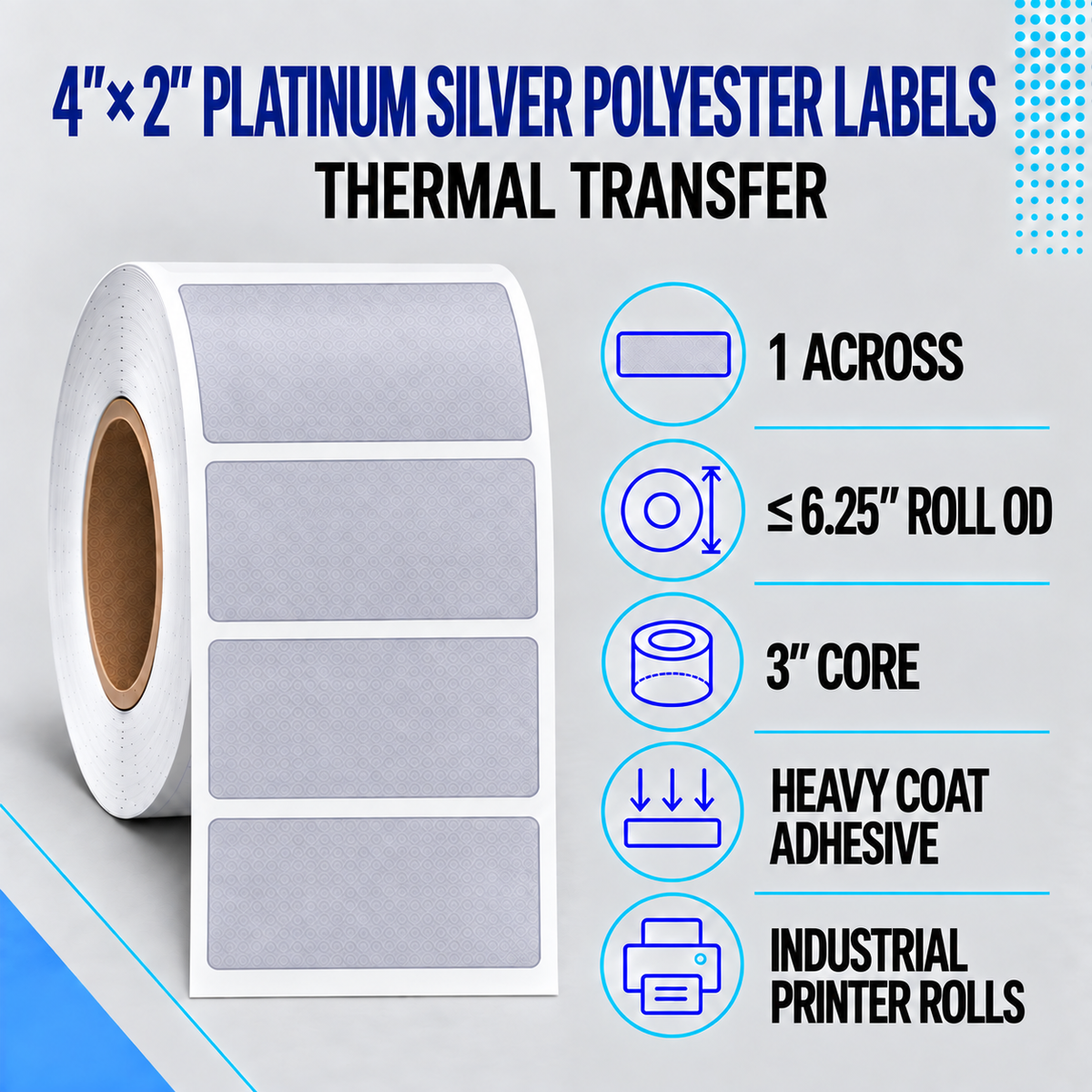 Thermal Transfer Labels Silver Polyester for Desktop and Industrial Printers