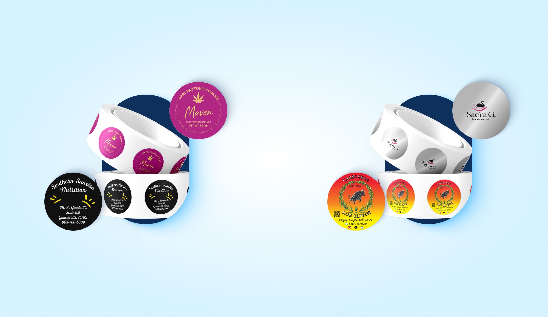 Custom Labels on rolls for packaging, branding, and product use including nutrition, cannabis, beauty, and food labels.