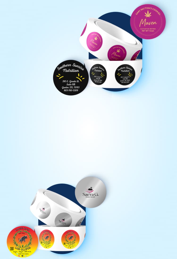 Custom Labels on rolls for packaging, branding, and product use including nutrition, cannabis, beauty, and food labels.