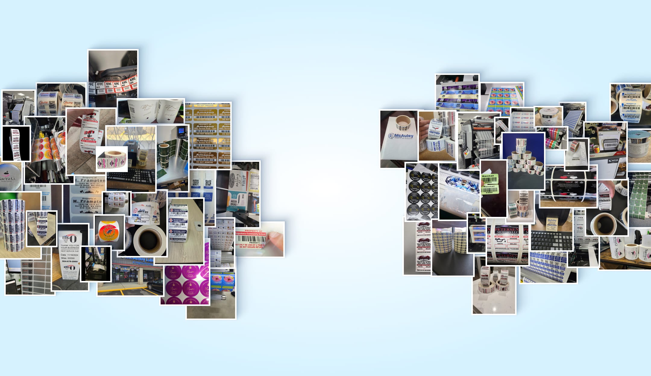 Collage of custom stickers and labels including product labels, barcode labels, QR code stickers, oil change reminders, and promotional designs by McAuley Labels.