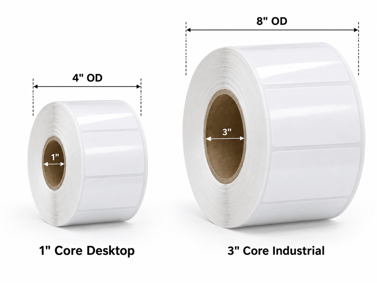Glossy white polyester label rolls on 1 inch and 3 inch cores