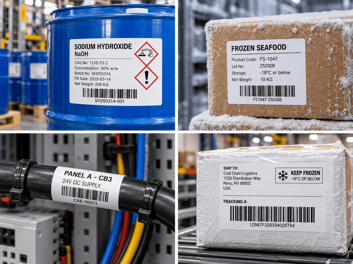Glossy white polyester labels on chemical drums, freezer boxes and equipment