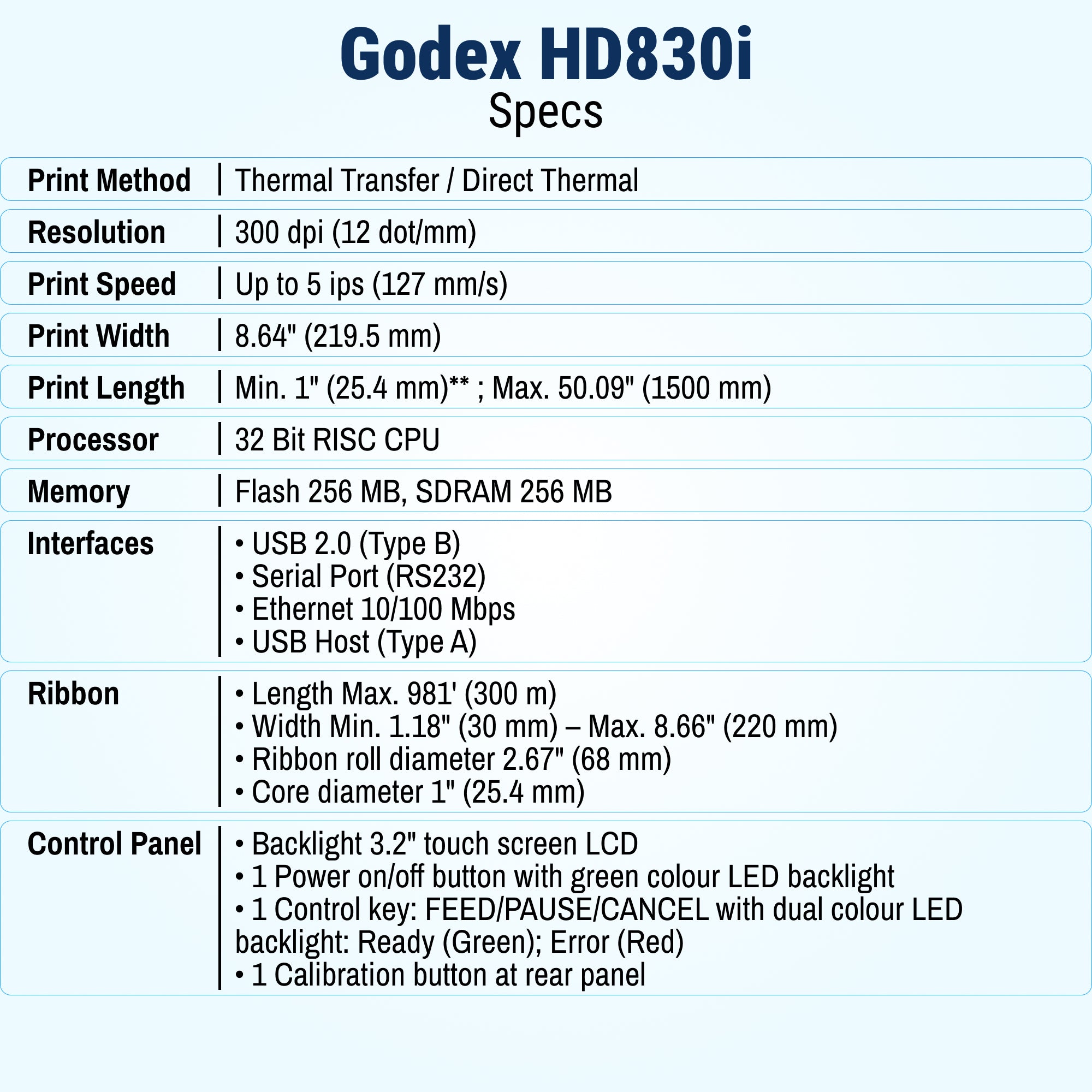 GoDEX HD830i+ USB, Serial, Ethernet, 300 dpi
