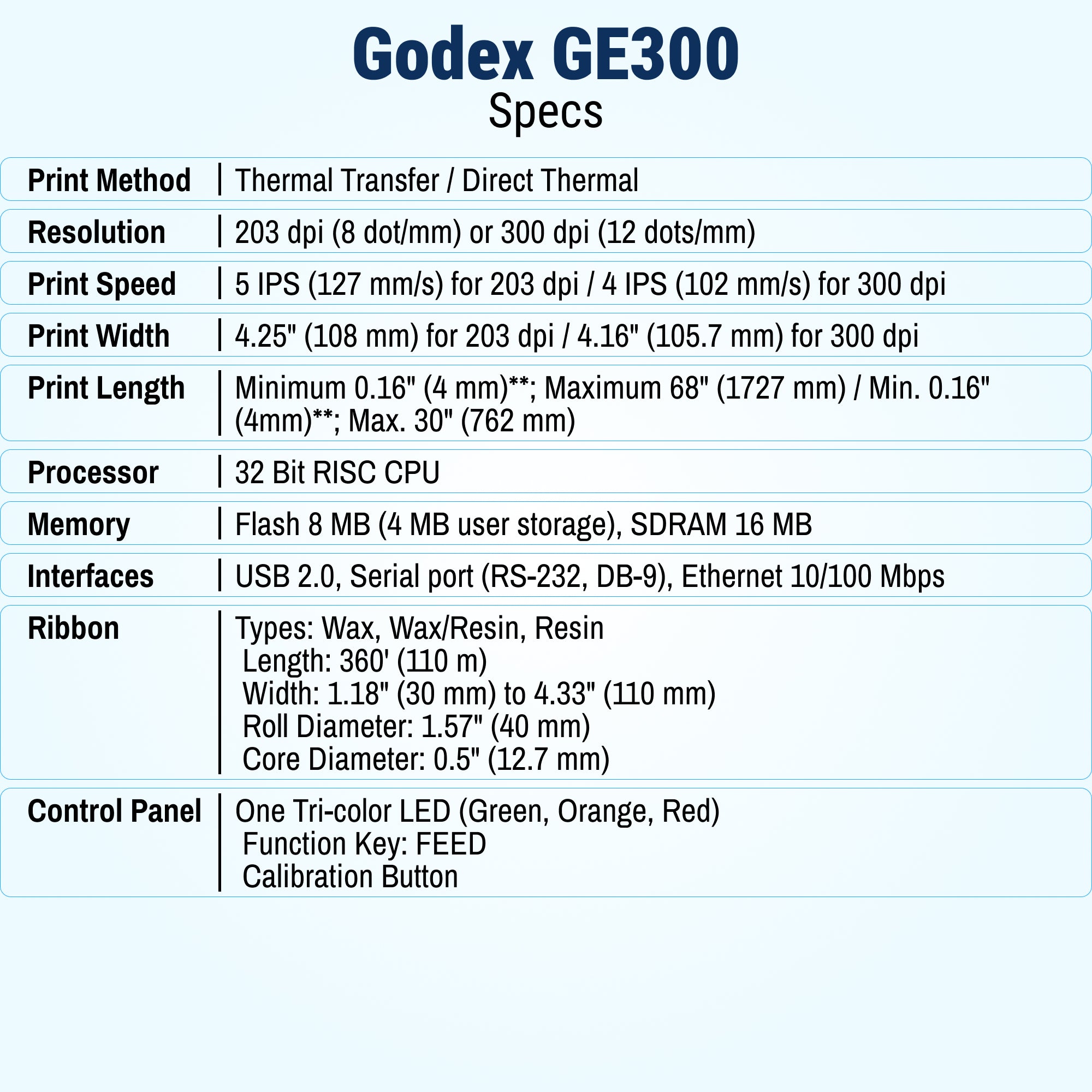 Asset Tag Printer - GoDEX GE300 Thermal Transfer Printer 4" 203 DPI