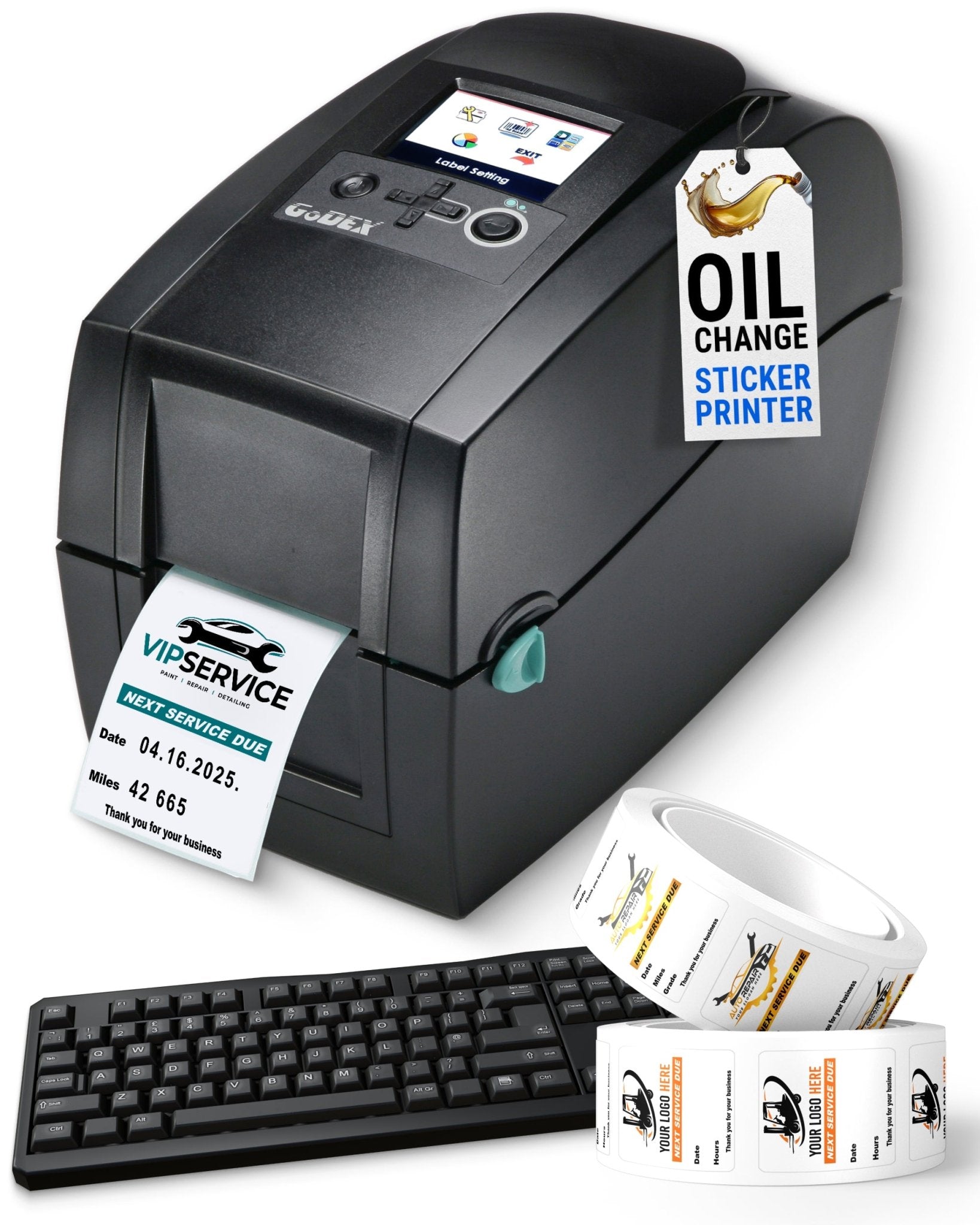 Stand Alone Oil Change Reminder Label Printer - Fully Programmed Package Comes with 1000 Custom Oil Labels, Ribbon & Keyboard - Mini Printer with Industrial Performance - McAuley Labels