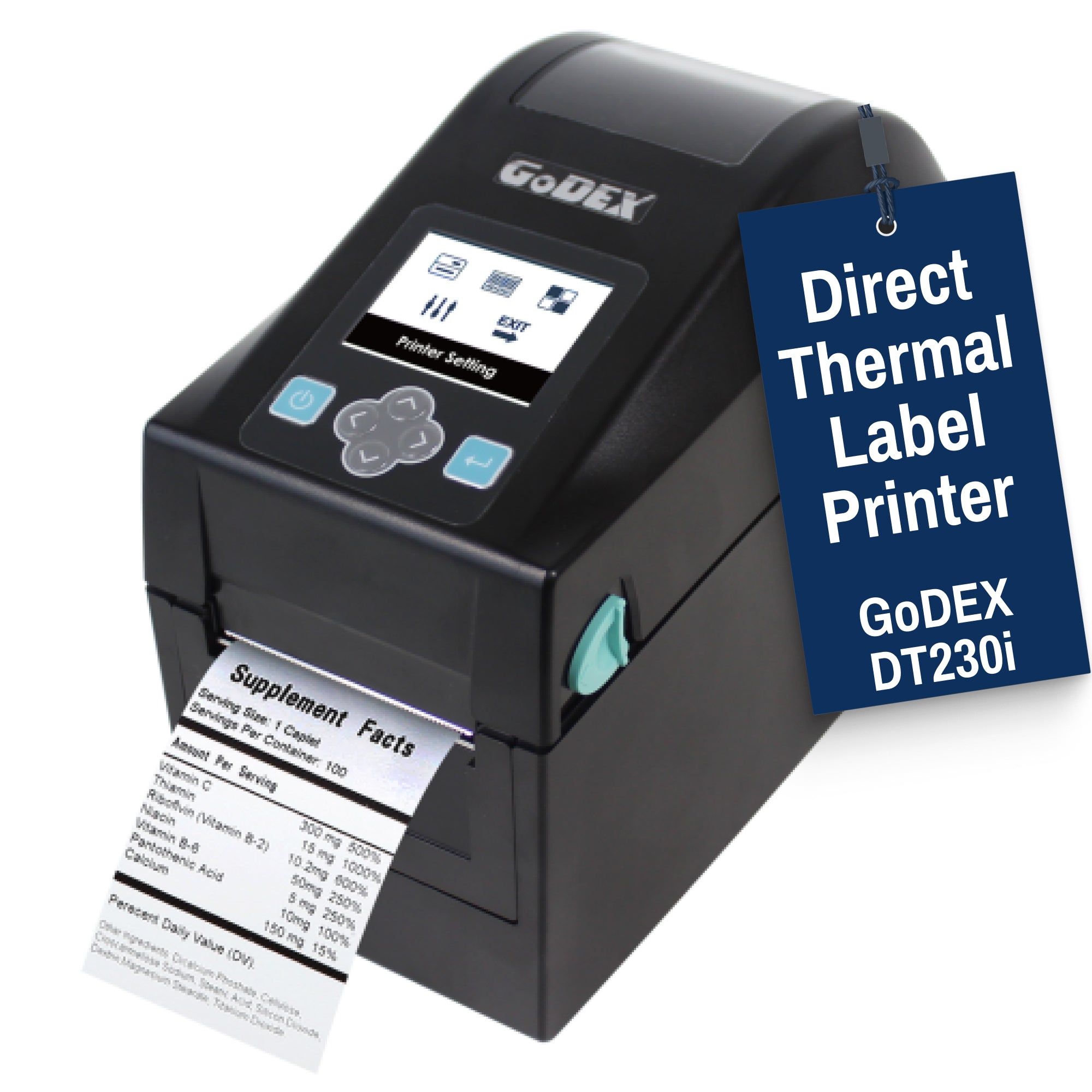Direct Thermal Printer - GoDEX DT230i – 2" 300 DPI, Color LCD. Compact Barcode & Wristband Printer