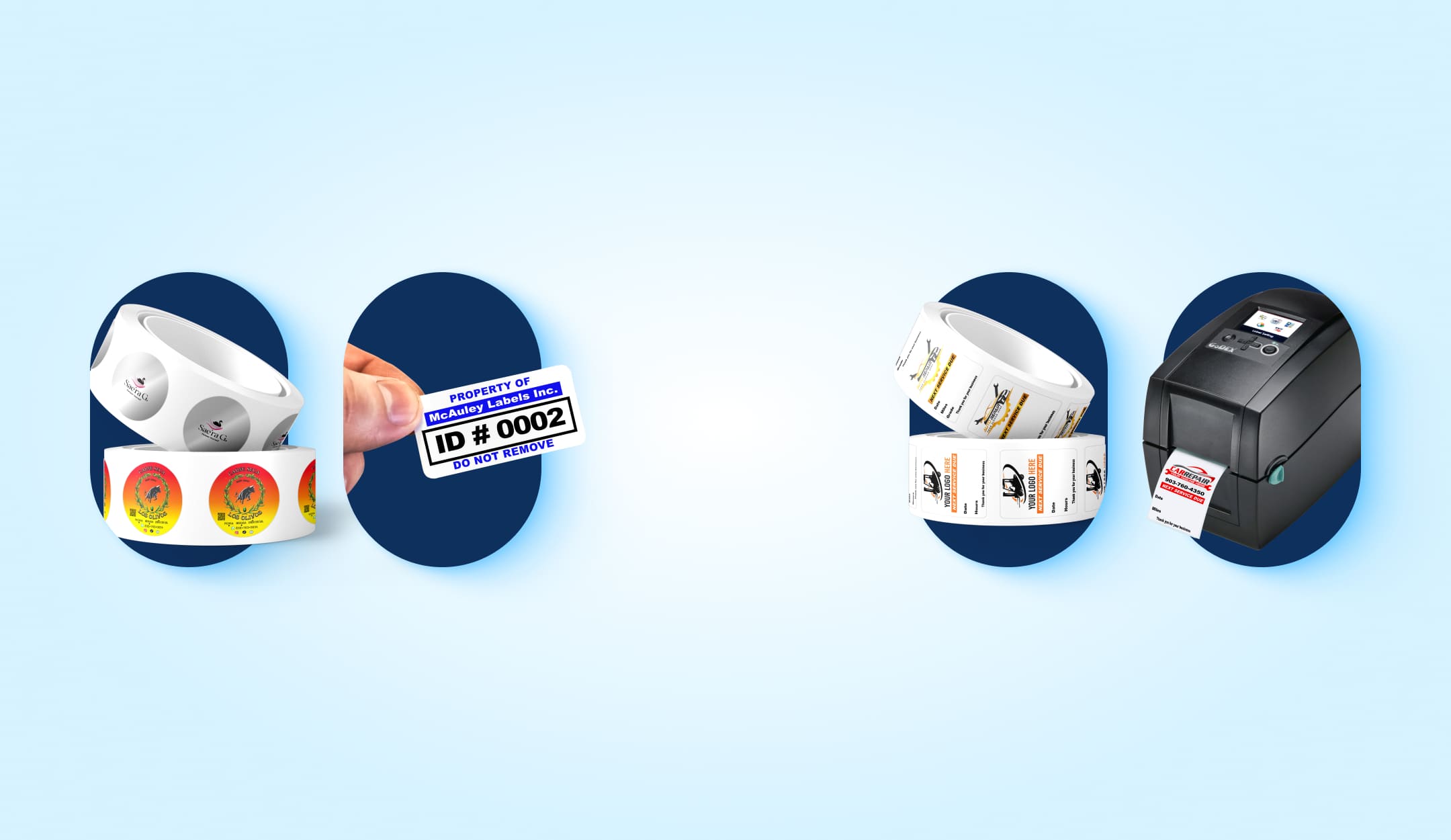 Custom printed labels, asset tags, oil change stickers, and label printers from McAuley Labels.