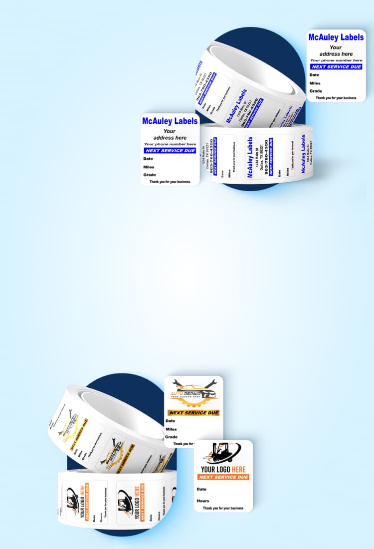 Custom oil change service reminder labels on rolls for auto repair shops and dealerships
