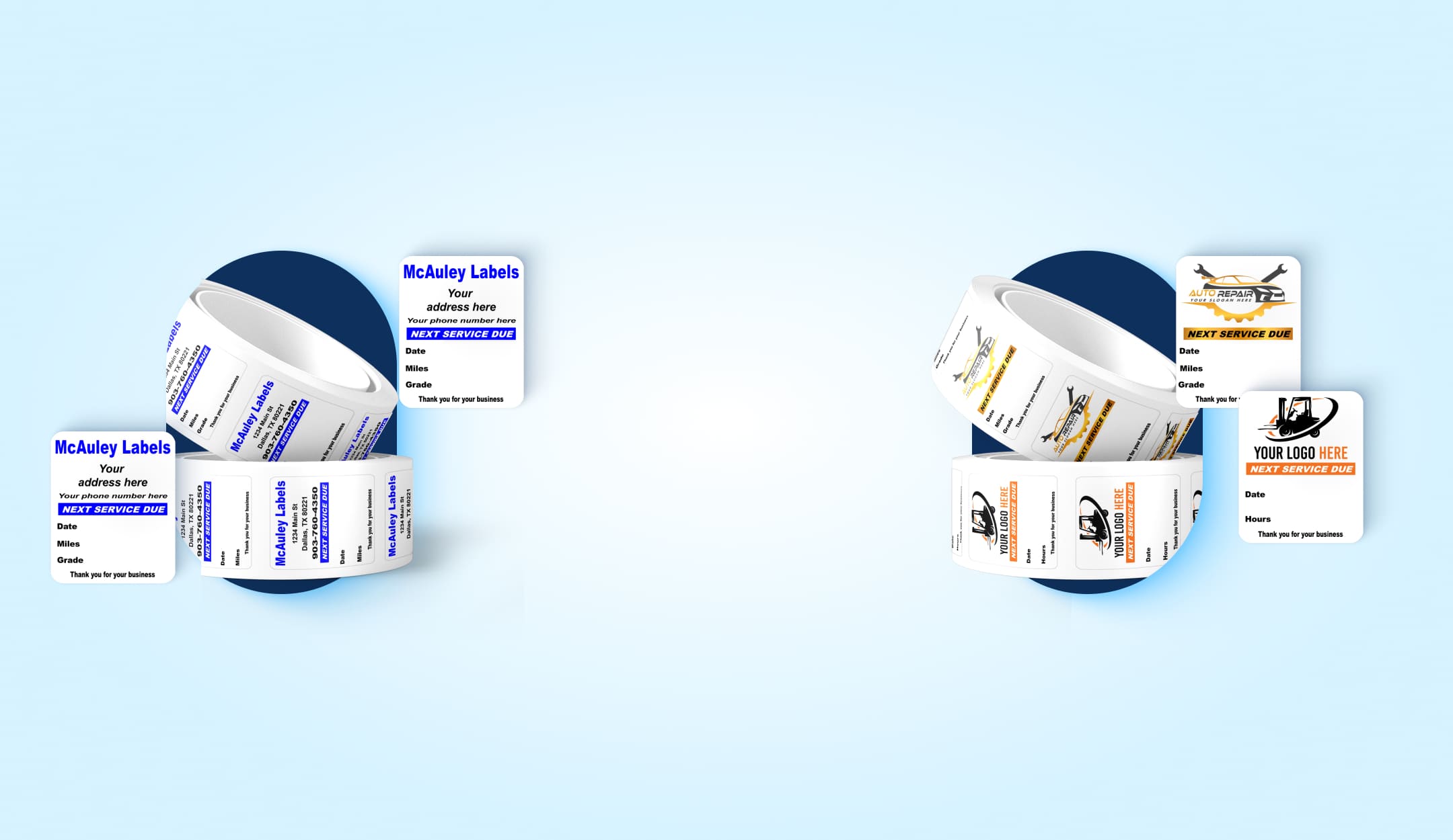 Custom oil change service reminder labels on rolls for auto repair shops and dealerships