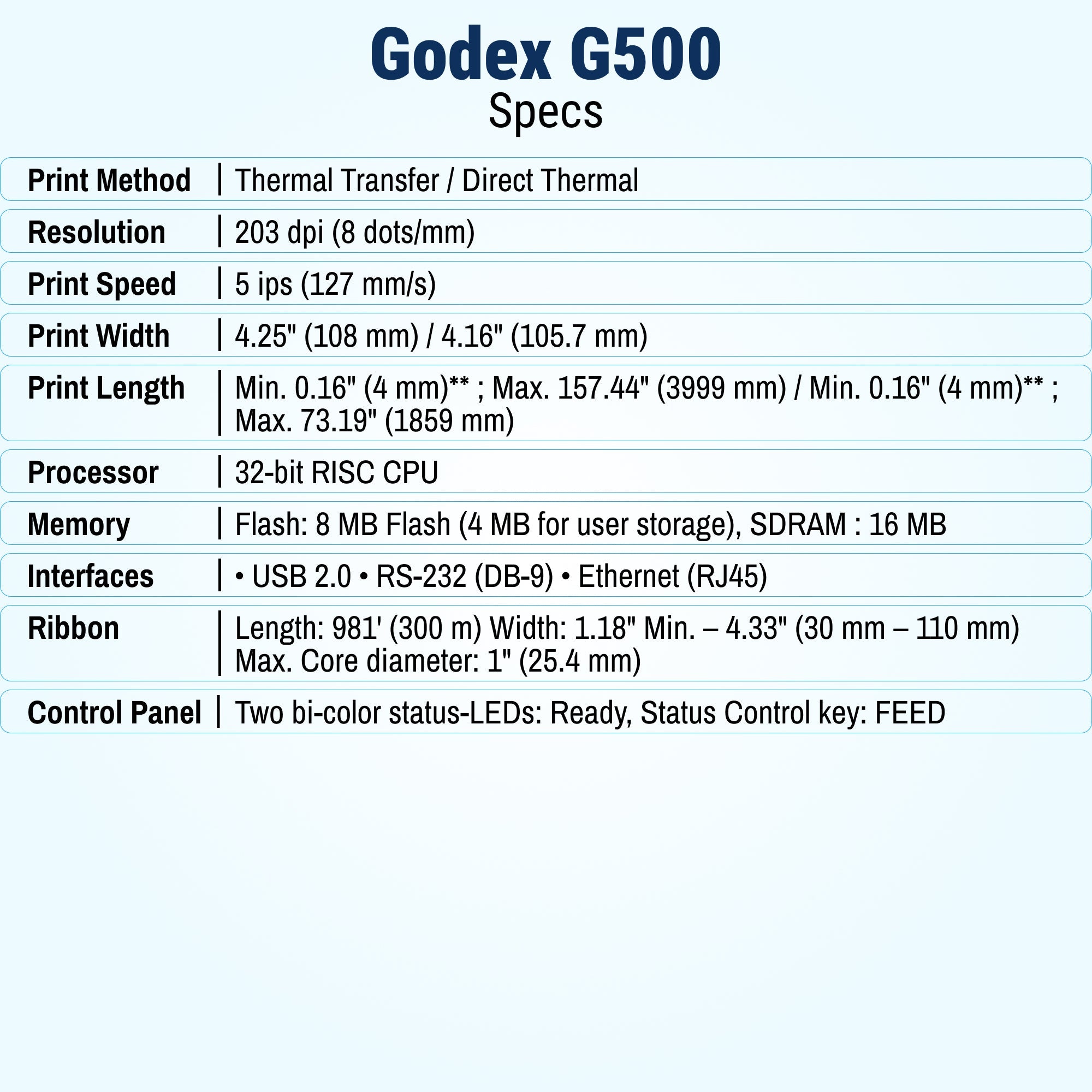 GoDEX G500 Thermal Transfer Printer 4" 203 dpi - Printer
