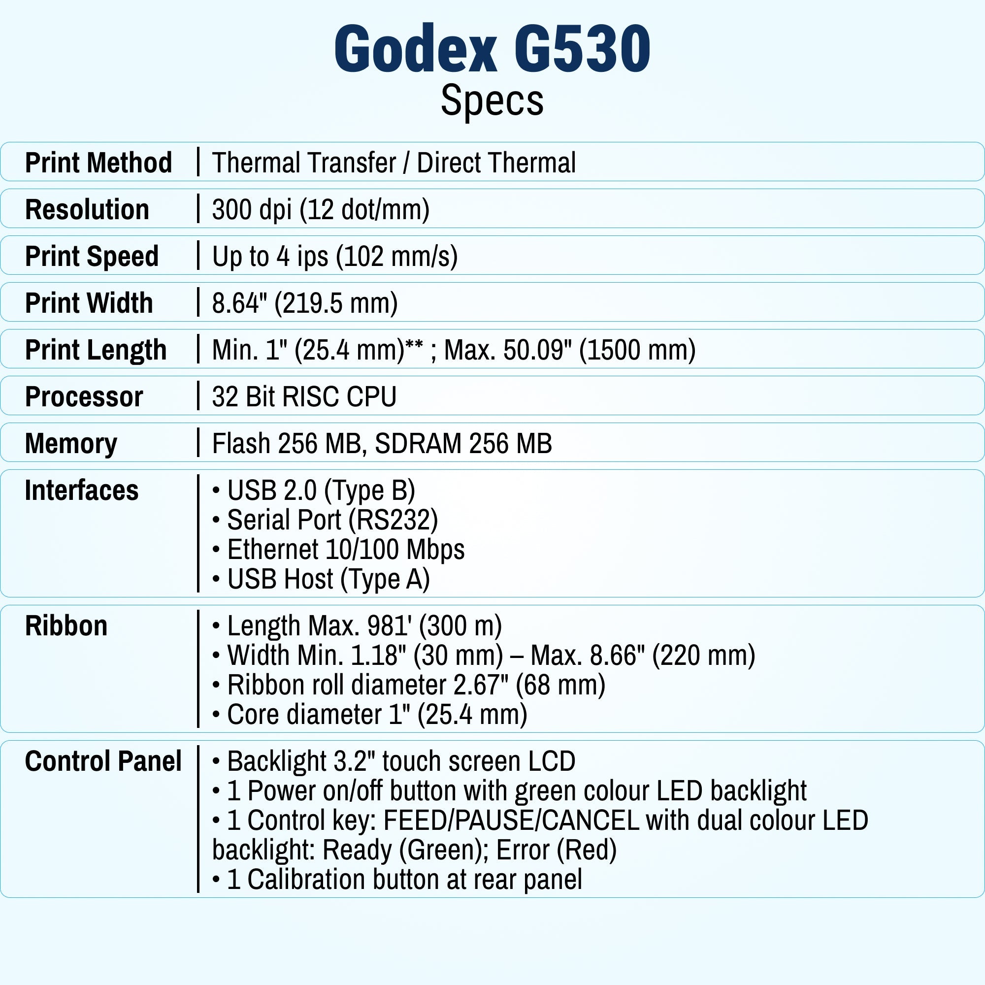 GoDEX G530 Thermal Transfer Printer 4" 300 dpi - Printer