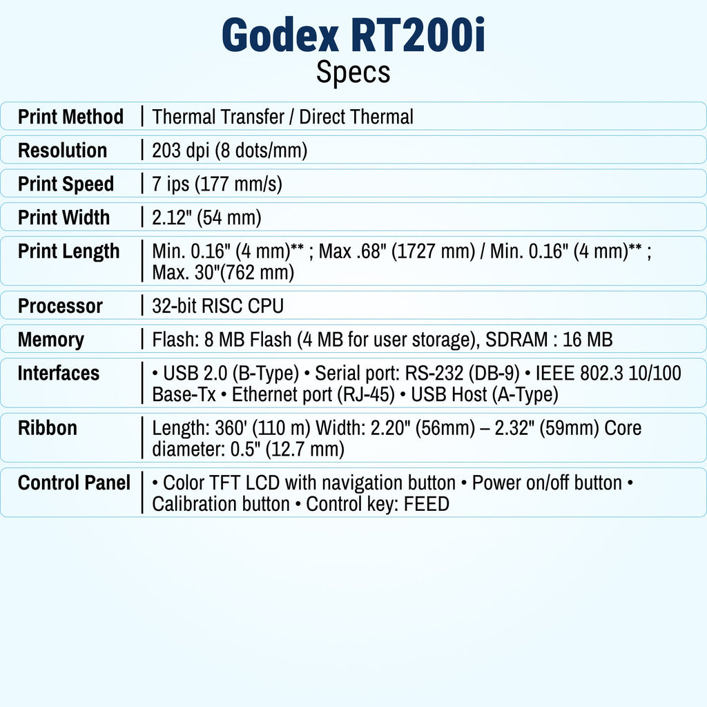 Godex Rt200i Labels GoDEX RT200i Thermal Printer 203 DPI - 3-Year Warranty