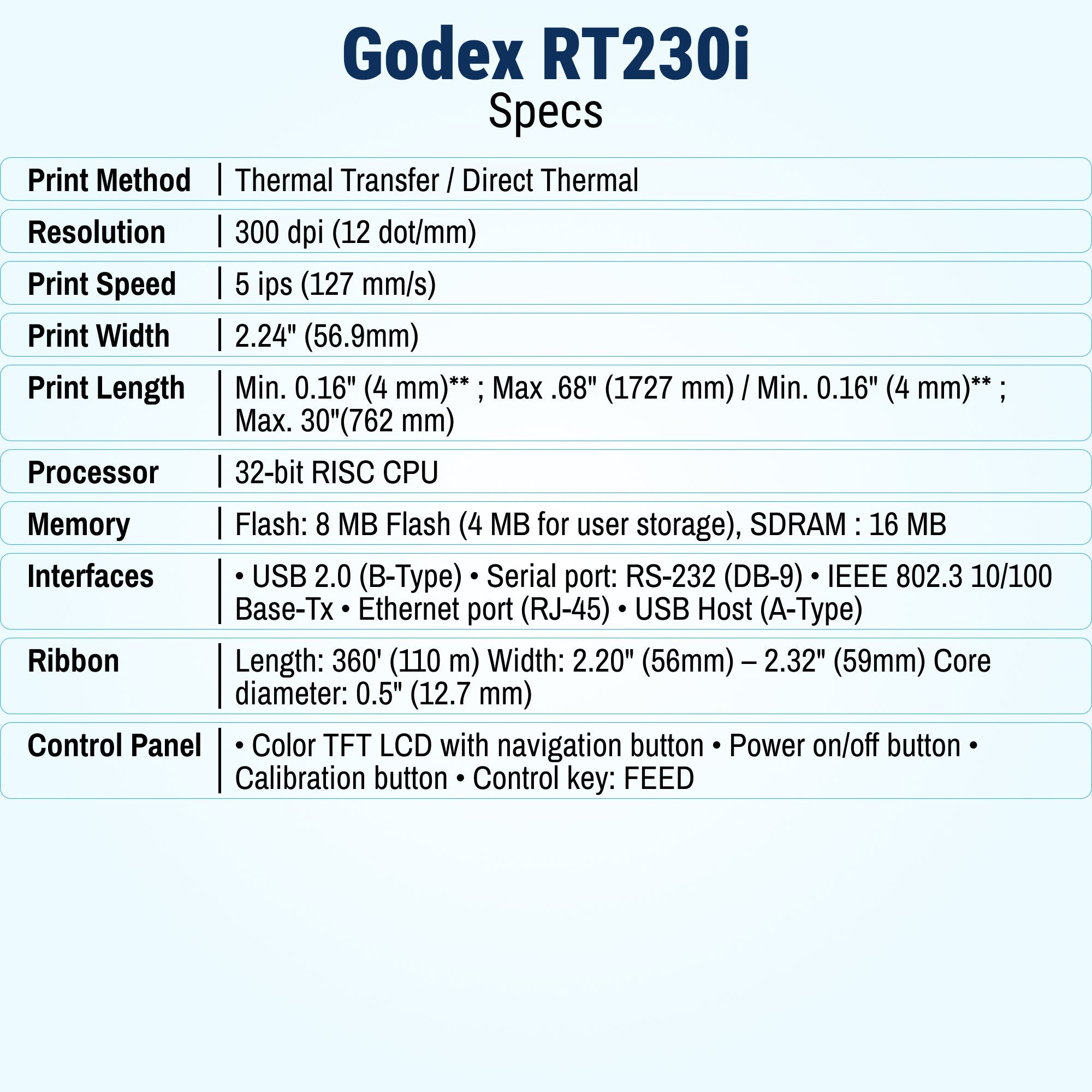 GoDEX RT230i Thermal Printer - 300 DPI Desktop Printer
