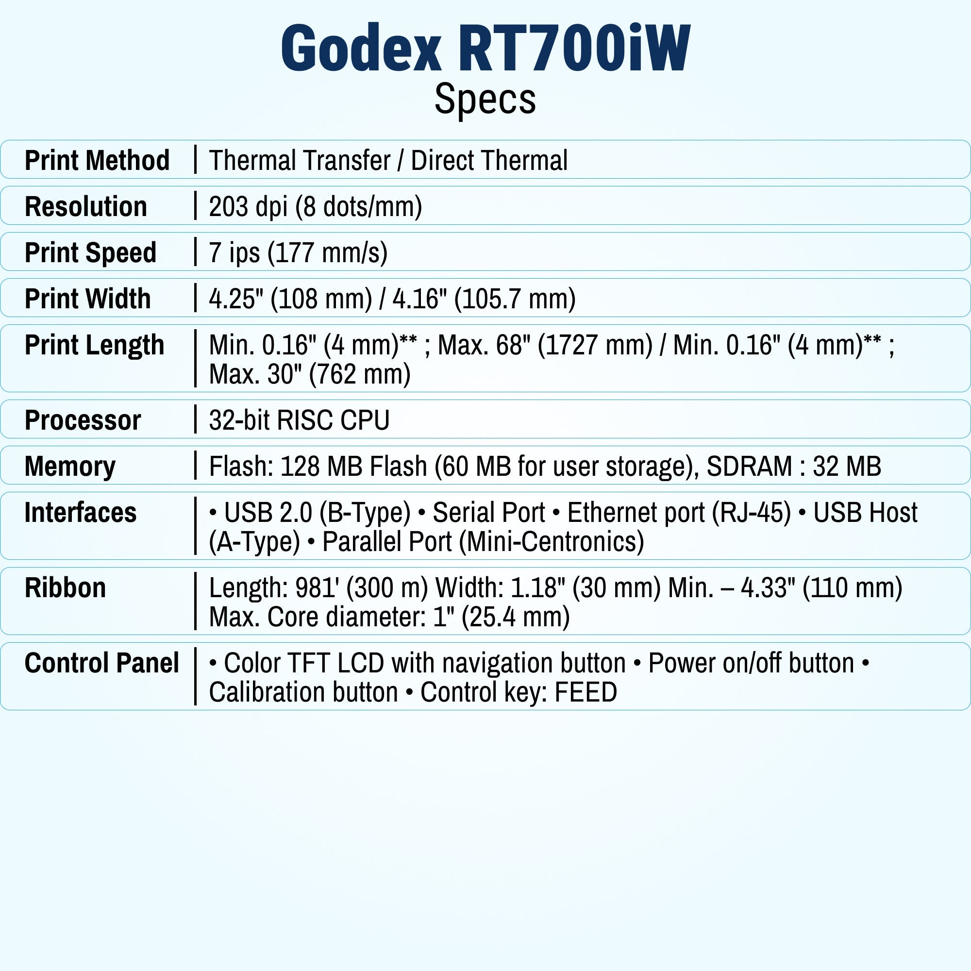 GoDEX RT700iW Thermal Transfer Printer 4"Color Display, 203 dpi - Printer