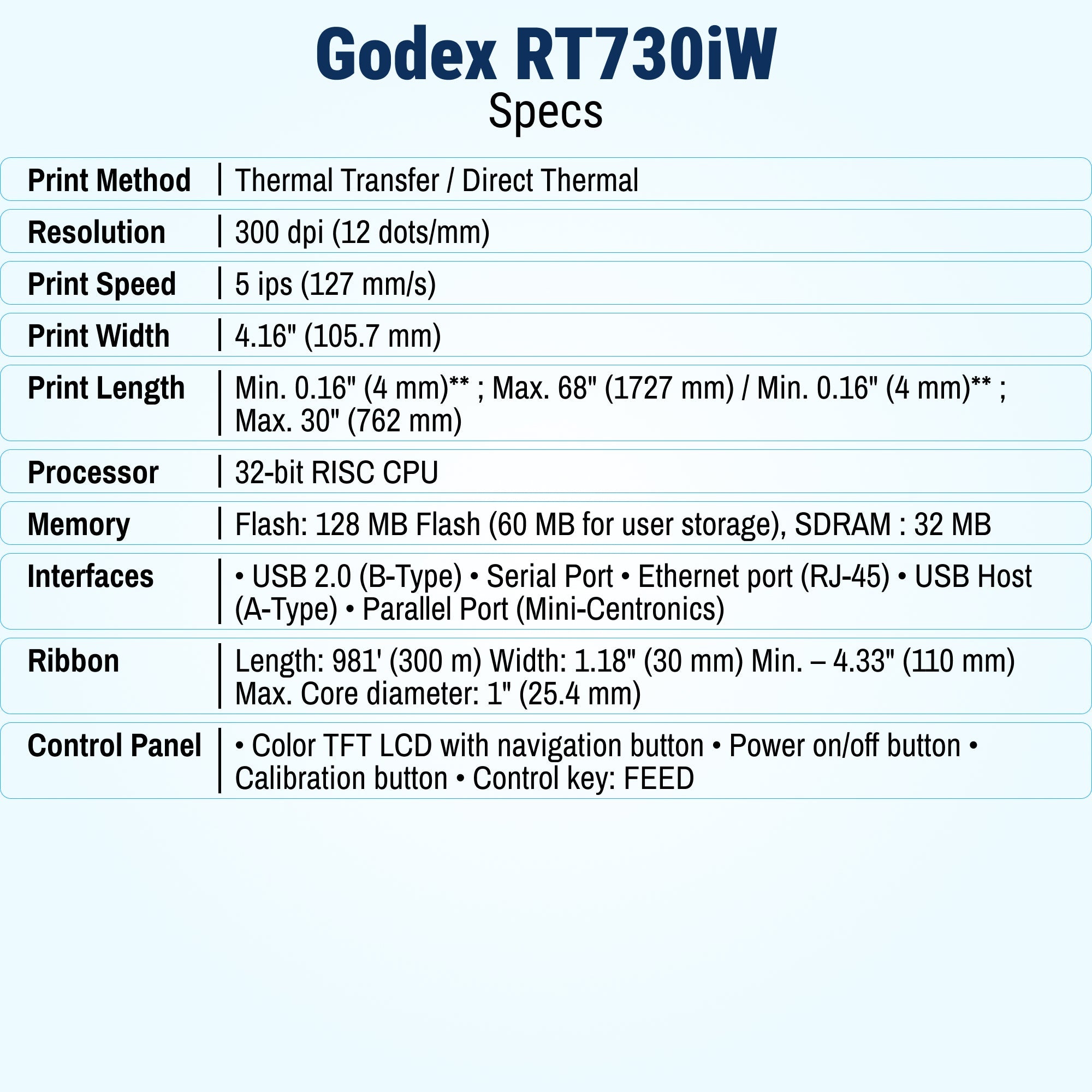 GoDEX RT730iW Thermal Printer 4" Color Display, 300 dpi - Printer