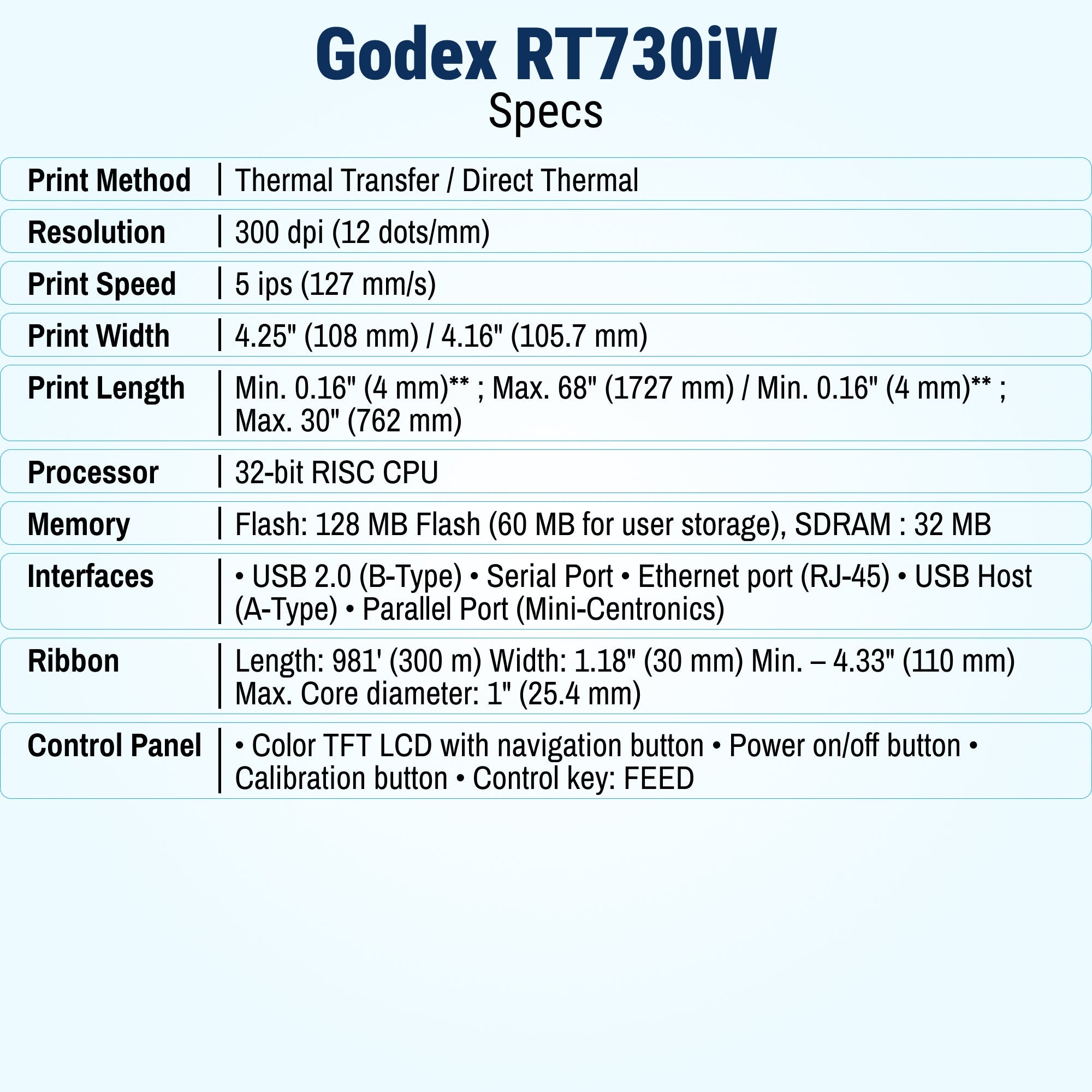 GoDEX RT730iW Thermal Transfer Printer 4" Color Display, 300 dpi - Printer