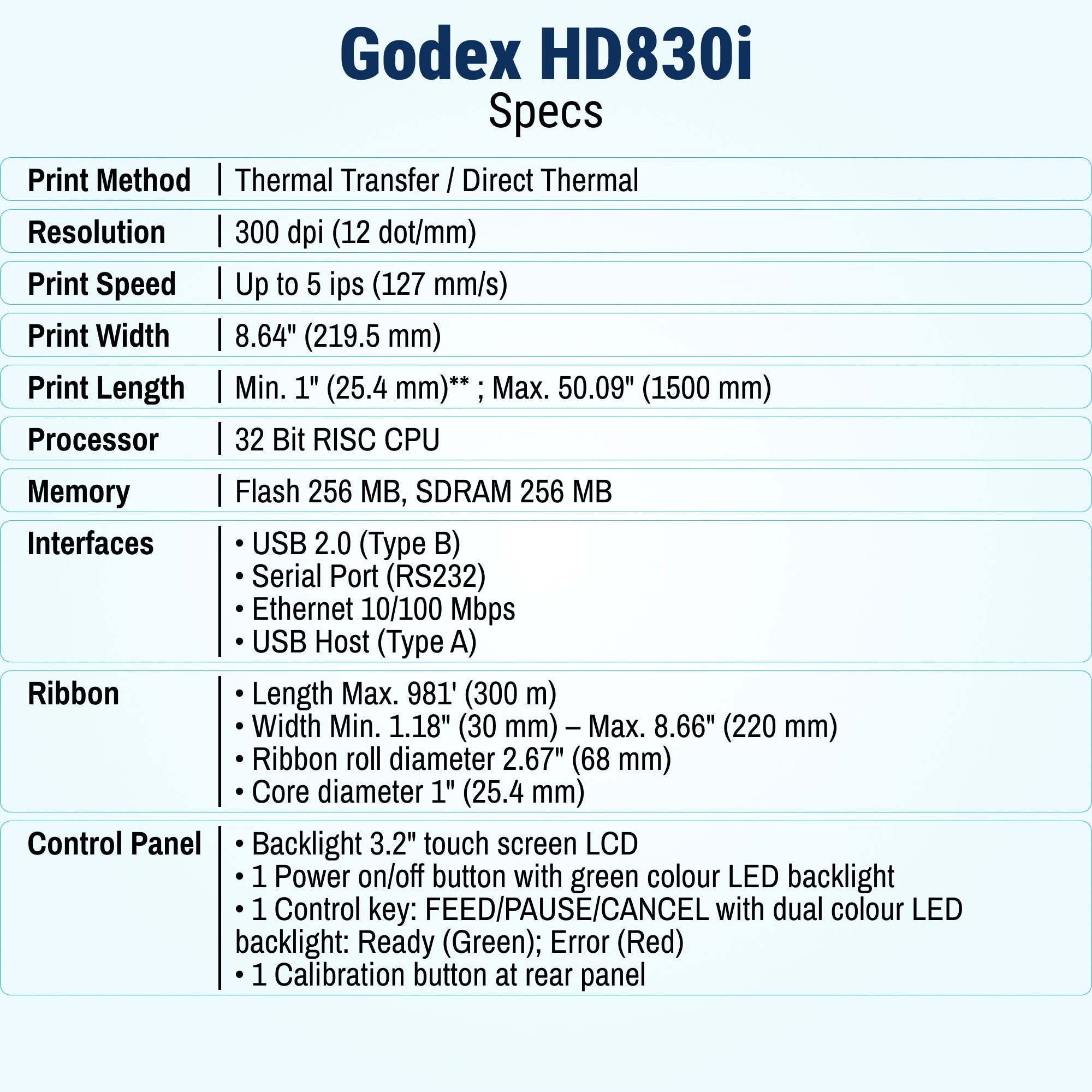 Thermal Transfer Printer - GoDEX HD830i+ - 8" Wide, 300 DPI Industrial Barcode Label Printer - Printer