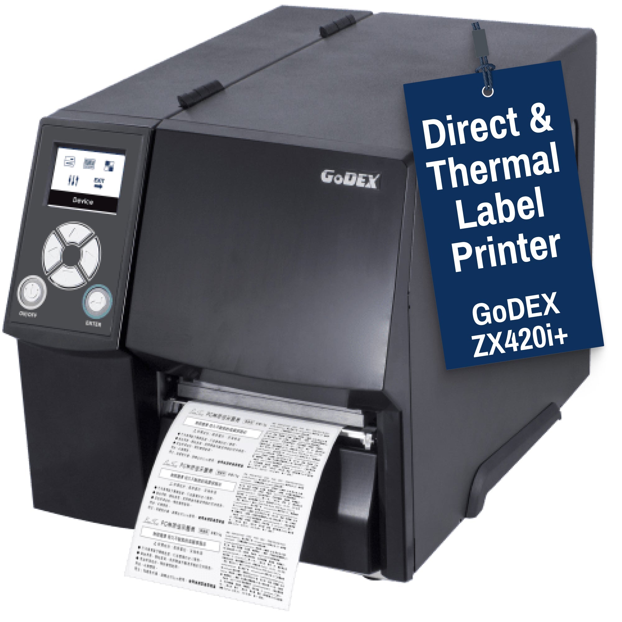 Thermal Transfer Printer - GoDEX ZX420i+ – 203 DPI, Up to 6 ips, Color Display, USB/Serial/Ethernet - Printer