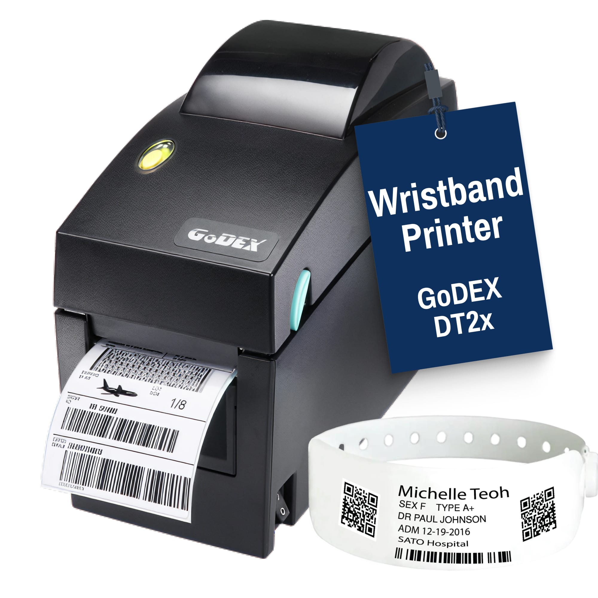 Wristband Printer GoDEX DT2x 2" - Direct Thermal Label Compact 203 DPI Barcode Printer - Wristband Printer